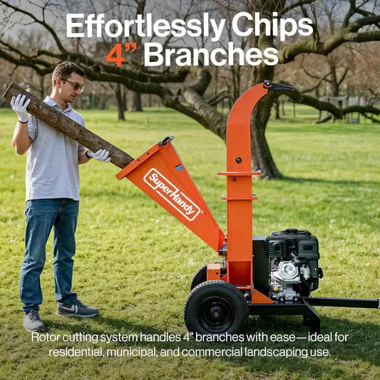 SuperHandy Towable Wood Chipper – 4 in. Chipping Capacity, 15HP Gas Engine, 13 in. Wheels, Electric Start, Trailer-Ready with 2 in. Coupler Renovomotors