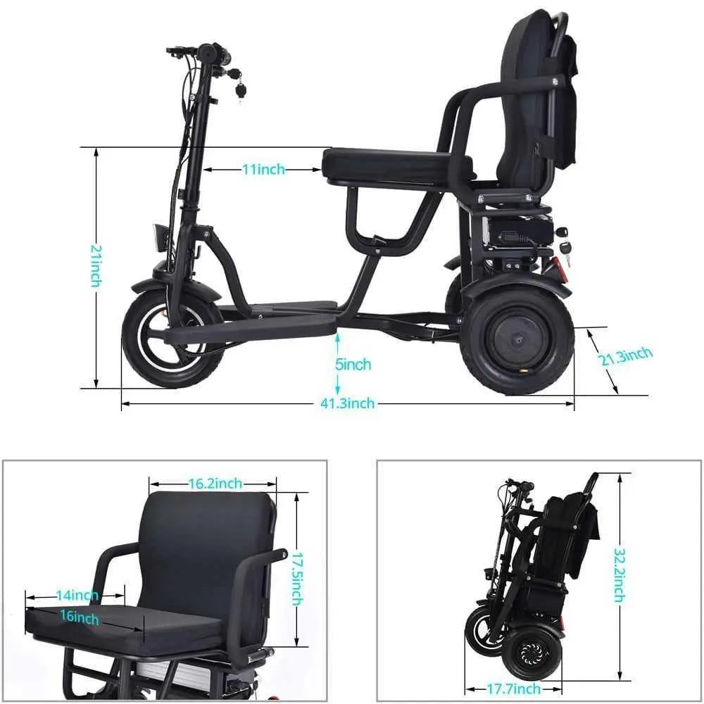 MotoTec Folding Mobility Electric Trike 48v 700w Dual Motor Lithium Black|48v 10ah|Speed-10mph|Capacity-286lbs|Range-20miles MotoTec