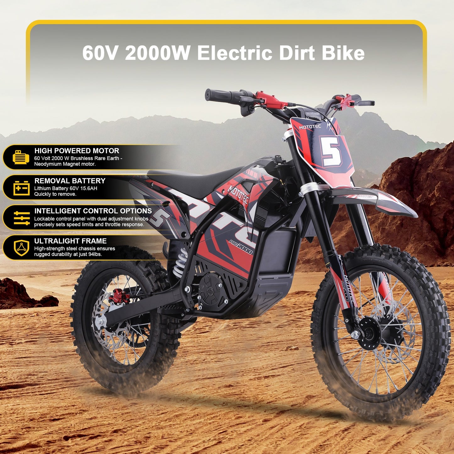 MotoTec 60v Pro Electric Dirt Bike 2000w Lithium|Distance Per Charge: 10-18 miles |Top Speed: 35-40 MPH