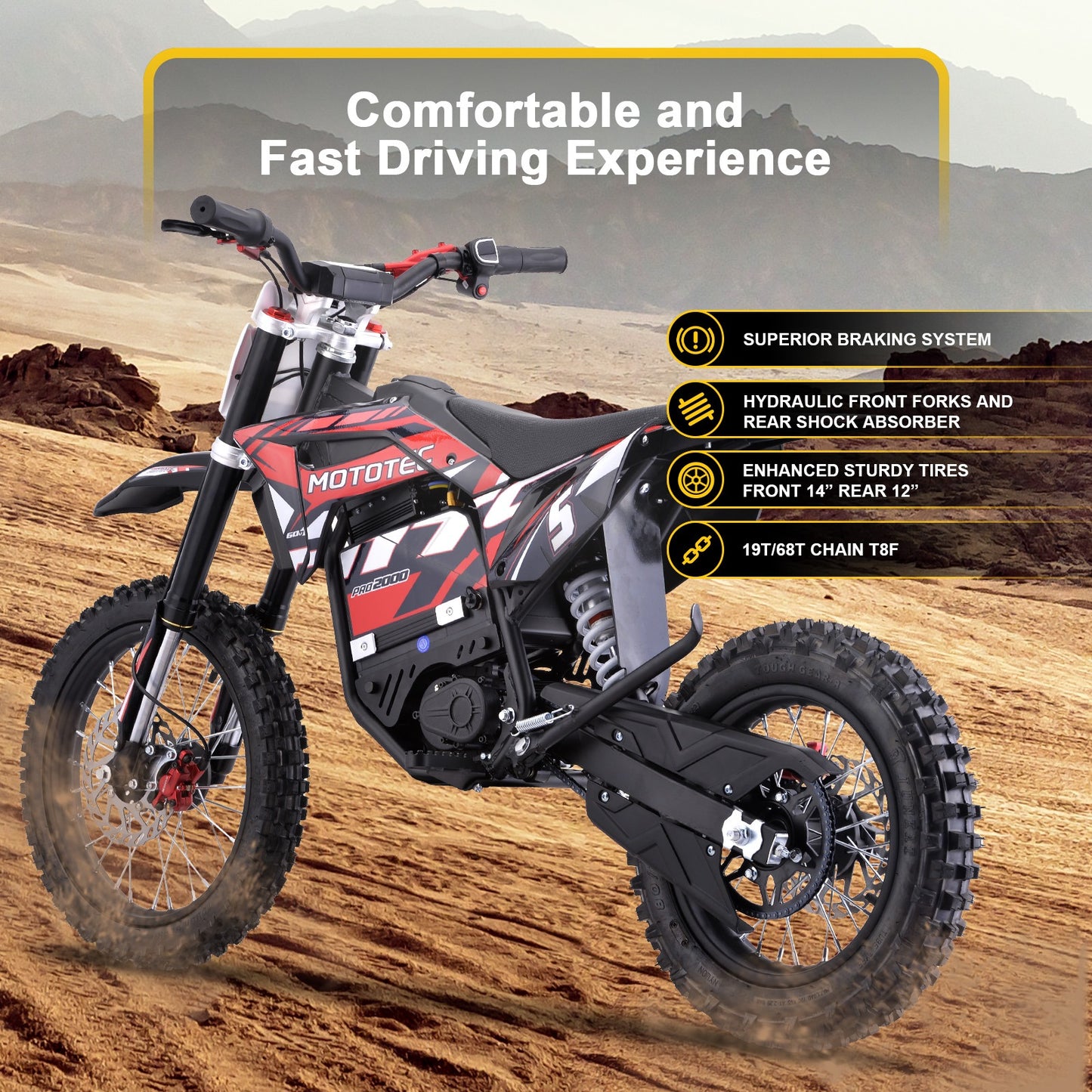 MotoTec 60v Pro Electric Dirt Bike 2000w Lithium|Distance Per Charge: 10-18 miles |Top Speed: 35-40 MPH