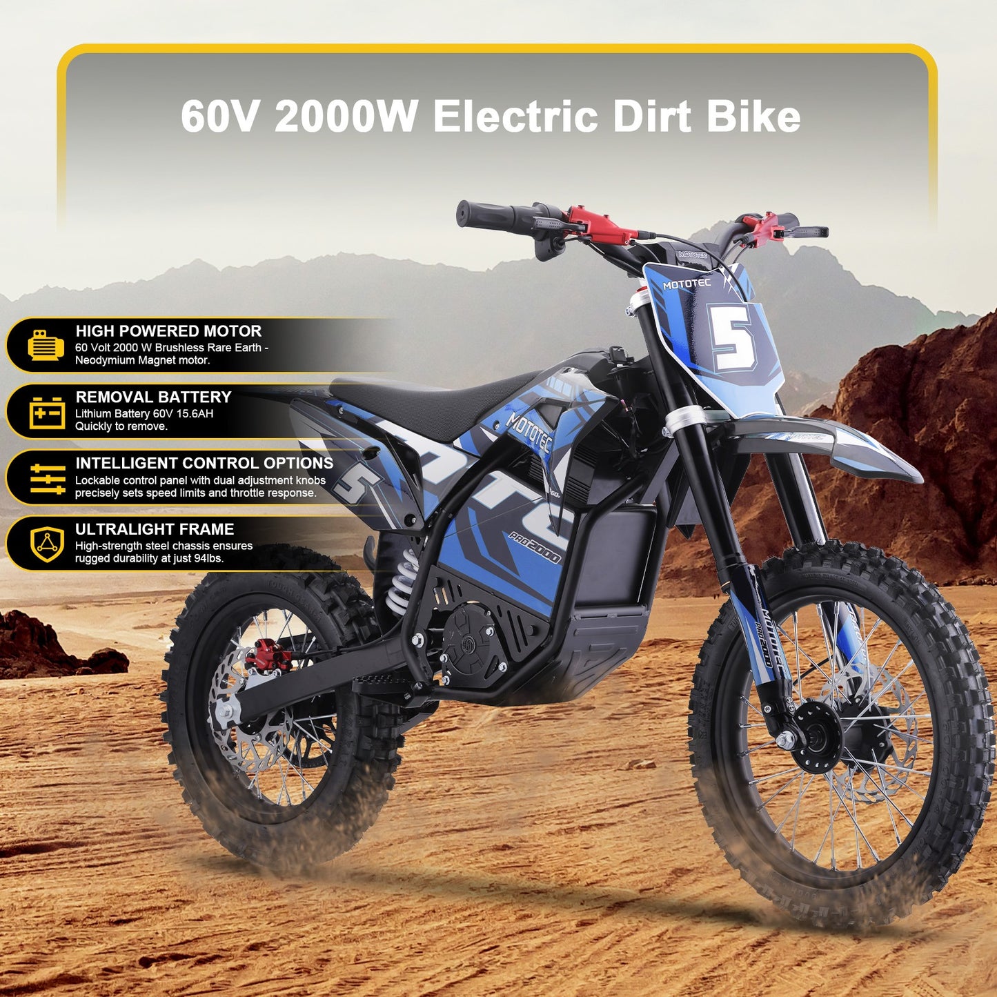 MotoTec 60v 2000w Pro Electric Dirt Bike Lithium Grey (HP115E)|Distance Per Charge: 10-18 miles|Top Speed: 40 MPH