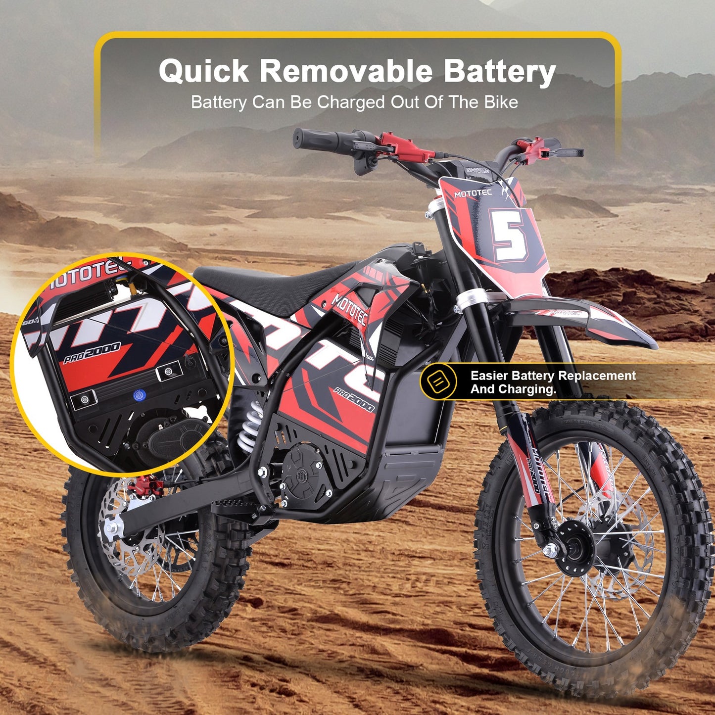 MotoTec 60v Pro Electric Dirt Bike 2000w Lithium|Distance Per Charge: 10-18 miles |Top Speed: 35-40 MPH