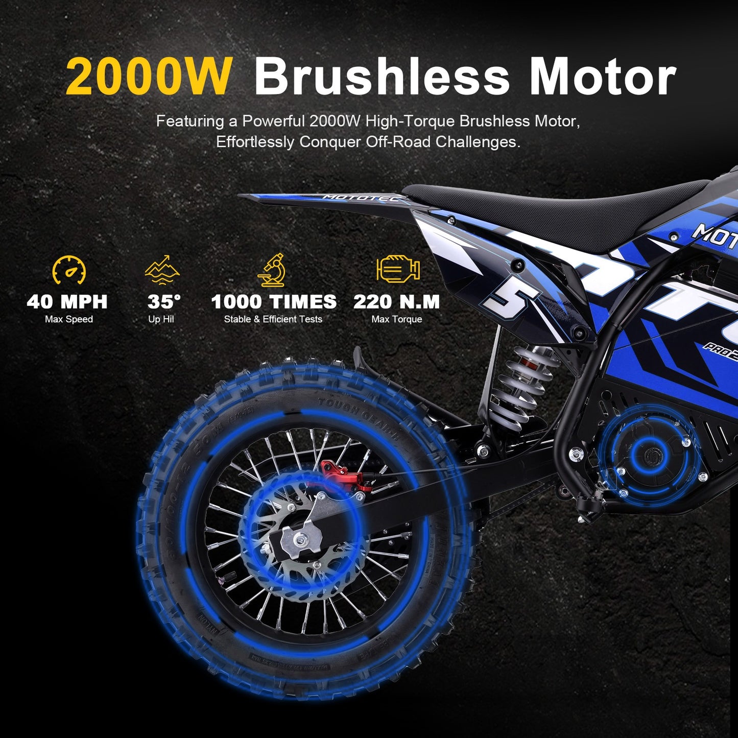 MotoTec 60v Pro Electric Dirt Bike 2000w Lithium|Distance Per Charge: 10-18 miles |Top Speed: 35-40 MPH
