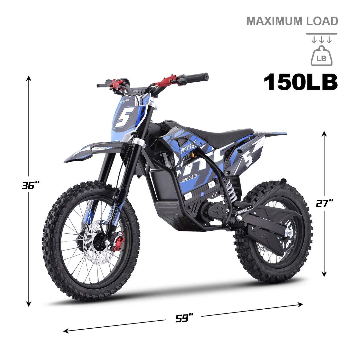 MotoTec 60v Pro Electric Dirt Bike 2000w Lithium|Distance Per Charge: 10-18 miles |Top Speed: 35-40 MPH