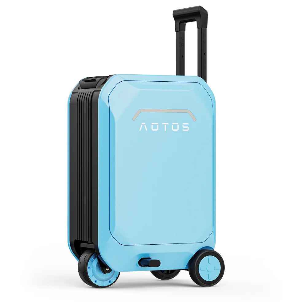 Smart Rideable luggage|App Control|Motor:200W|Speed:6mph|Mileage:6.2miles|Airline-Approved|Zipperless|ABS+PC|4″ solid tires||Weight: 17.3lbs|Max Load:242lbs|Battery:37V,2.5Ah|Charge time:3h|Electric Brake|Volume:31L|1-Year Warranty