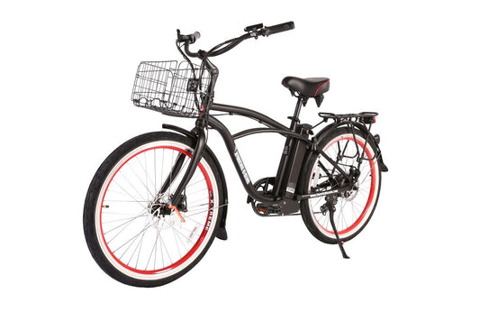 Black electric beach cruiser bike with front basket and disc brakes