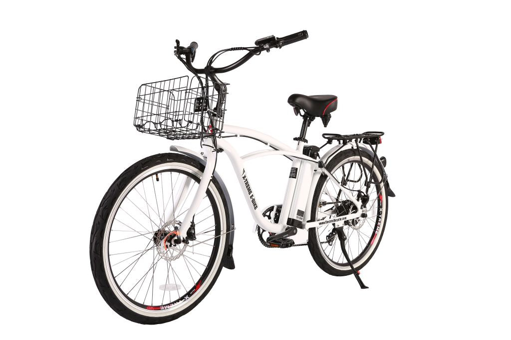White electric beach cruiser bike with front basket and disc brakes
