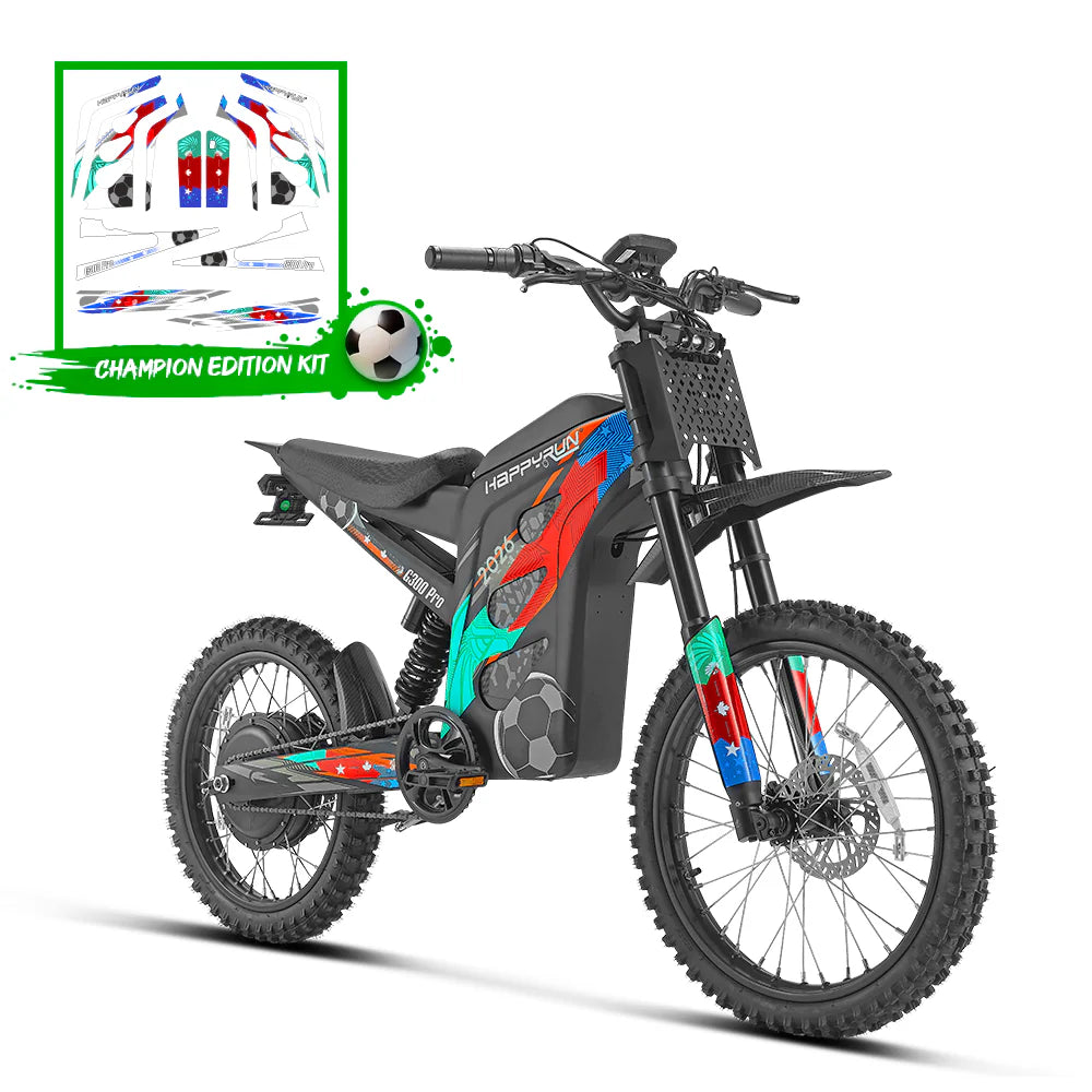 HappyRun G300 Pro 6500W Electric Dirt Bike . 3000W Motor (Peak Motor: 4000W) 1 to 5 Speed Modes Maximum Speed: Up to 50+ MPH 72V 30Ah Lithium Battery