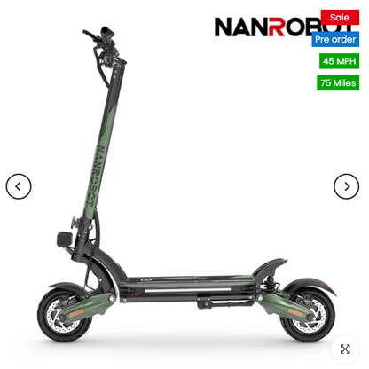 NANROBOT D6+ MAX All-Terrain Electric Scooter Motor: dual motor, 1500W*2 Battery: 60V 30A Tire: 10'' wide tires Brake: hydrualic brake Max load: 330lbs
