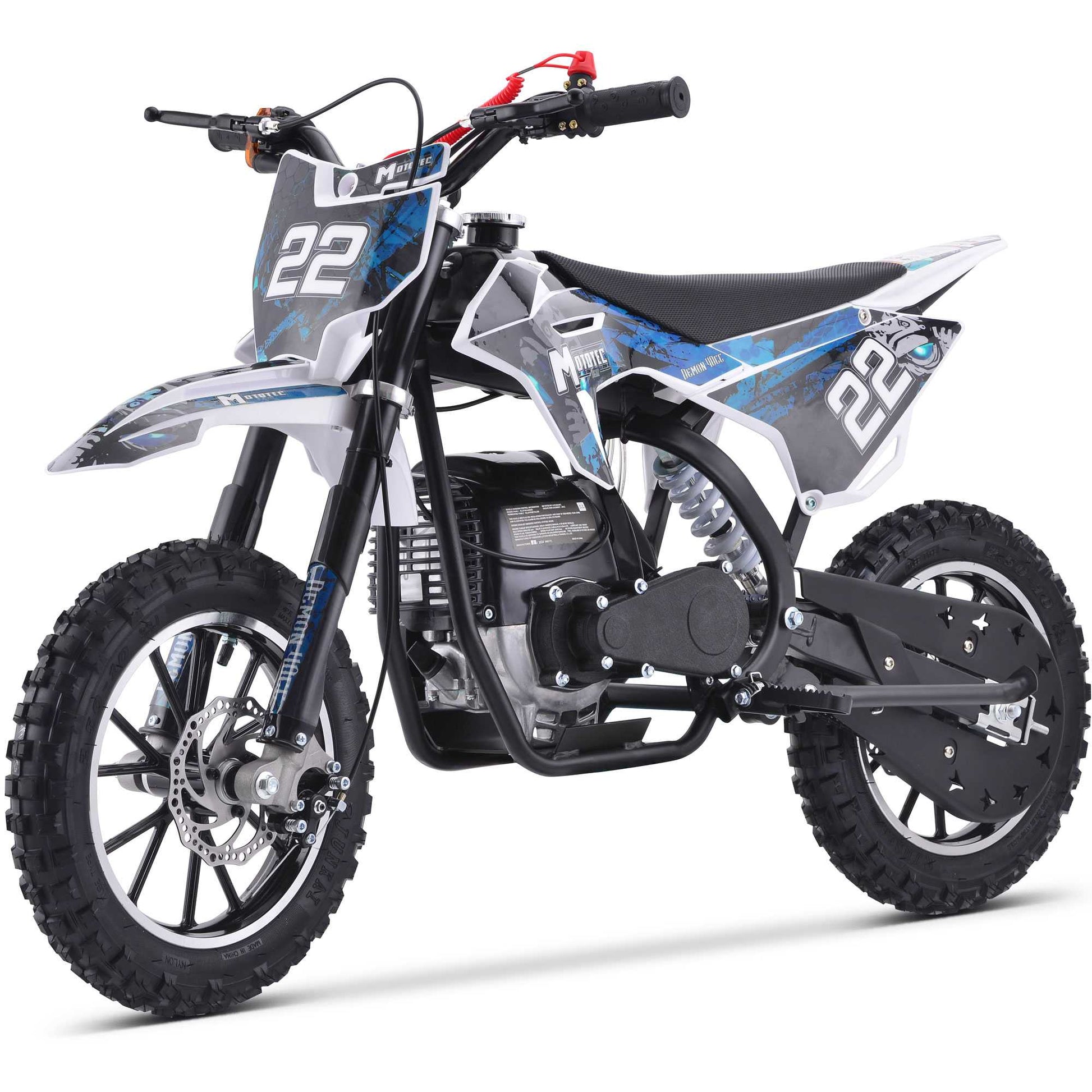MotoTec Demon 40cc 4-Stroke Kids Gas Dirt Bike Blue Top Speed: 22 mph Cruising Range: 20+ miles per tank MotoTec