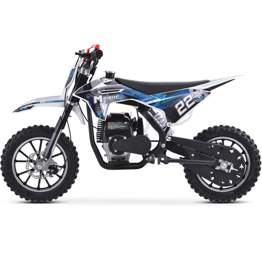 MotoTec Demon 40cc 4-Stroke Kids Gas Dirt Bike Blue Top Speed: 22 mph Cruising Range: 20+ miles per tank MotoTec