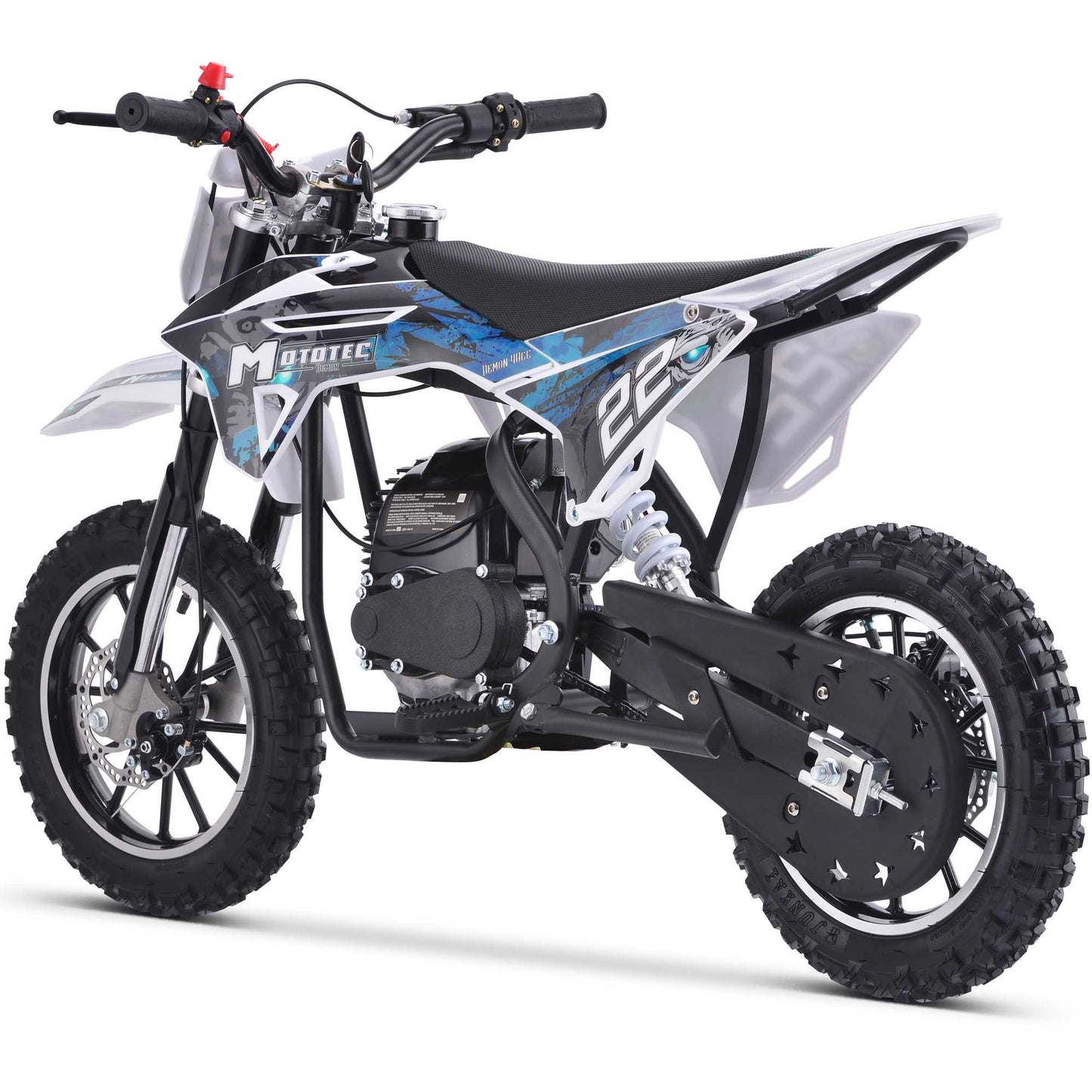 MotoTec Demon 40cc 4-Stroke Kids Gas Dirt Bike Blue Top Speed: 22 mph Cruising Range: 20+ miles per tank MotoTec