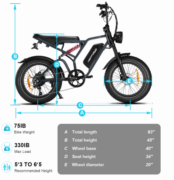 Happyrun Tank G60 Pro 2000W Moped Style Offroad Electric Bike Fat Tire 1000W Motor (Peak Motor 2000W)