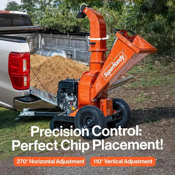 SuperHandy Towable Wood Chipper – 4 in. Chipping Capacity, 15HP Gas Engine, 13 in. Wheels, Electric Start, Trailer-Ready with 2 in. Coupler Renovomotors
