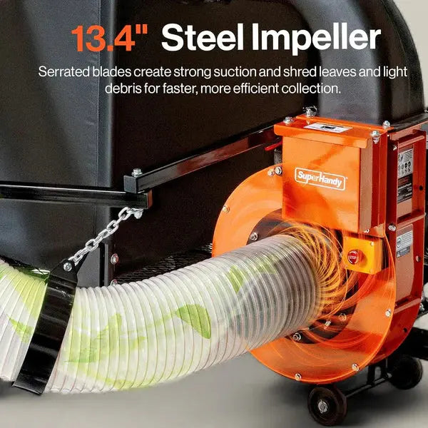 SuperHandy Towable Leaf and Lawn Vacuum – 180 Gal Collection, 15HP Electric Start Engine, Serrated Impeller, Pin-Hitch, One-Hand Dump, 13 in. Wheels Renovomotors