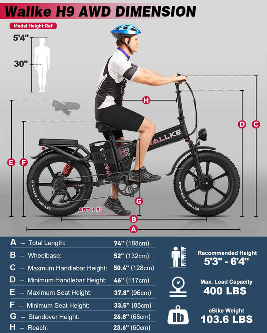 Wallke H9 AWD EBike 3200w 60/82Ah AWD FOLDING Dual Motor E-bike|Samsung battery-82Ah/3936Wh|App Smart Display|Top Speed-34mph Wallke