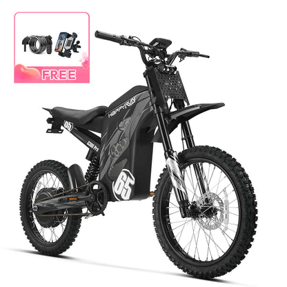 HappyRun G300 Pro 6500W Electric Dirt Bike . 3000W Motor (Peak Motor: 4000W) 1 to 5 Speed Modes Maximum Speed: Up to 50+ MPH 72V 30Ah Lithium Battery