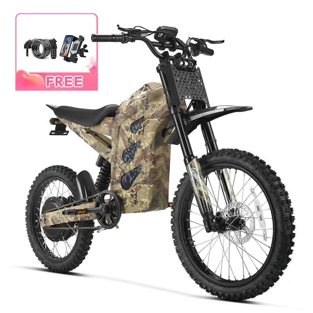 HappyRun G300 Pro 6500W Electric Dirt Bike . 3000W Motor (Peak Motor: 4000W) 1 to 5 Speed Modes Maximum Speed: Up to 50+ MPH 72V 30Ah Lithium Battery