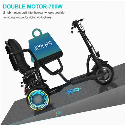 MotoTec Folding Mobility Electric Trike 48v 700w Dual Motor Lithium Black|48v 10ah|Speed-10mph|Capacity-286lbs|Range-20miles