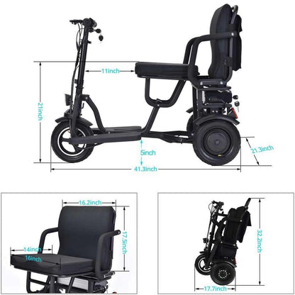 MotoTec Folding Mobility Electric Trike 48v 700w Dual Motor Lithium Black|48v 10ah|Speed-10mph|Capacity-286lbs|Range-20miles