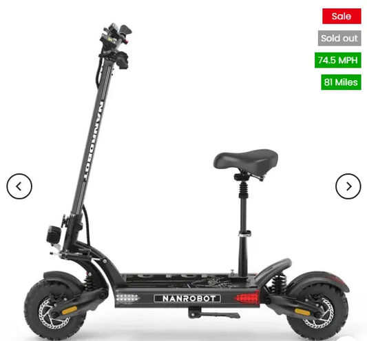 Nanrobot N6 72V Electric Scooter Motor: dual motors, 1500W*2 Battery: 72V 30A Tire: 10'' wide Tires Brake:Hydraulic brakes Max load: 330lbs Nanrobot