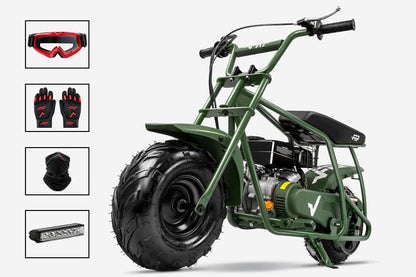 FRP Mini Bike GMB100 Gas|99cc 4-stroke OHV engine|30 Miles Per Tank|Supports up to 220 lbs|85% pre-assemble|EPA Approval|Age Requirement:13+|Max Speed:24 mph Renovomotors