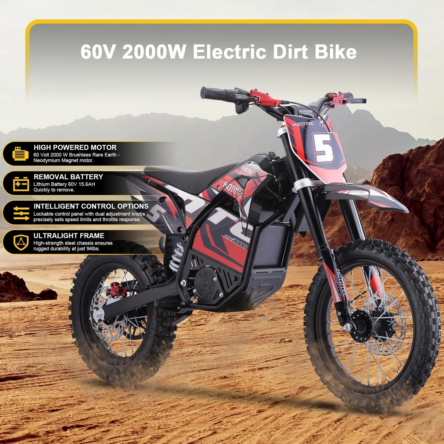 MotoTec 60V 2000W Pro Electric Dirt Bike | Off-Road Use Only