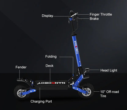 Nanrobot D4+3.0 |Dual motors, 1000 W × 2 (peak power)|52 V, 23.4 Ah lithium prismatic battery (EVE cells)|Up to 40 mph (≈ 64 km/h)|40 miles (on full charge)