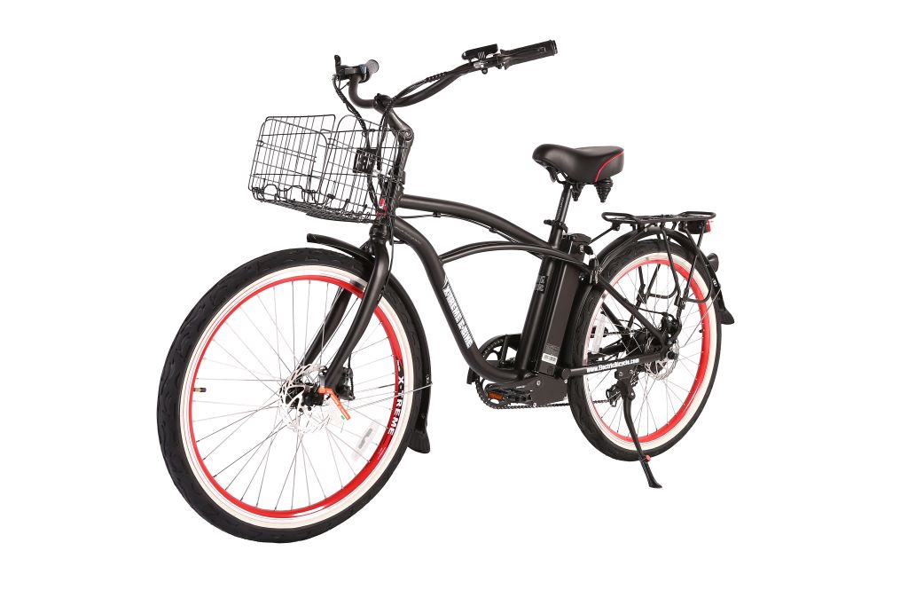 Black electric beach cruiser bike with front basket and disc brakes