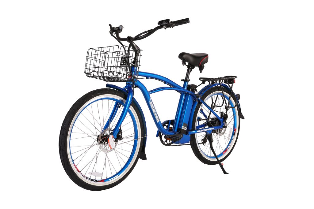 Blue electric beach cruiser bike with front basket and disc brakes