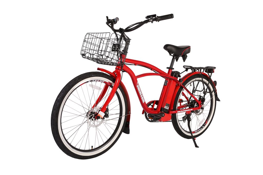 Red electric beach cruiser bike with front basket and disc brakes